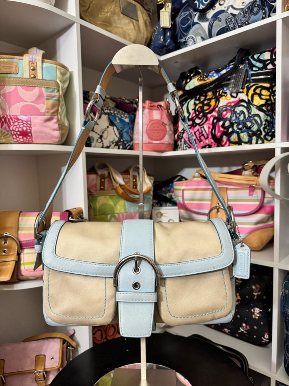 Coach Rare Beige and Light Blue Hampton Bag